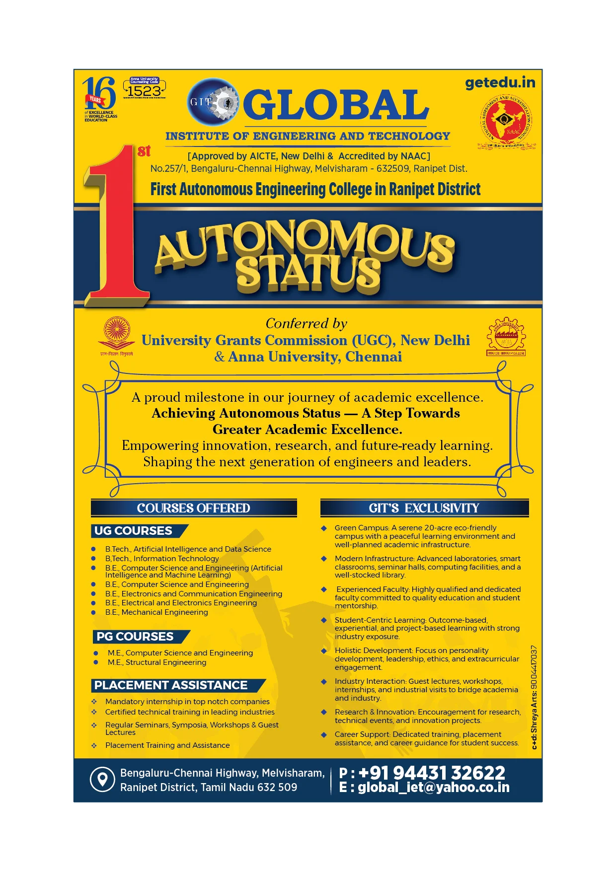 Global Institute of Engineering & Technology Ad &mdash; Graphic Designing & Printing Agency Coimbatore
